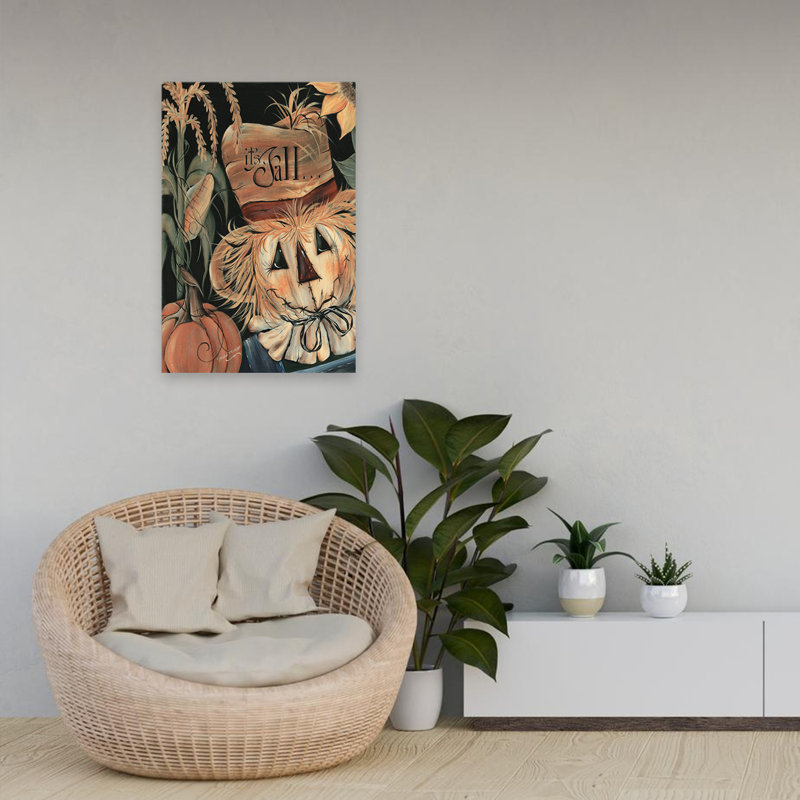 «It's Fall Scarecrow» - Art contemporain d'automne avec citrouille épouvantail, H 16 po x l 24 po