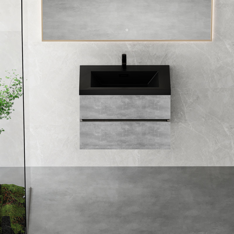 Meuble-lavabo flottant mural en ciment gris de 30 po, lavabo à sable en quartz noir, tiroirs à fermeture en douceur, peu encombrant et compatible avec les robinets monotrou