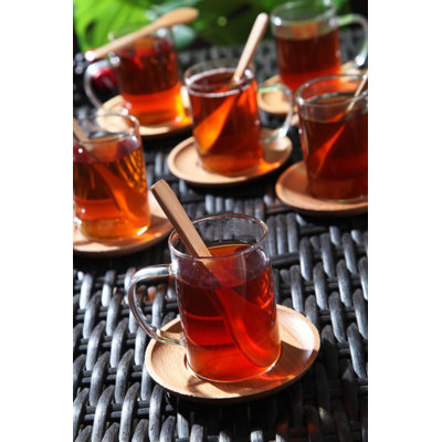 Ensemble de 18 tasses à thé en verre borosilicaté élégant | Résistant à la chaleur et aux flammes | Tasses à thé: 3,4 x 4,0 pouces (6 pièces) | Soucoupe en bois: 4,1 pouces (6 pièces) | Cuillère à café en bois: 5,3 pouces (6 pièces) | Parfa