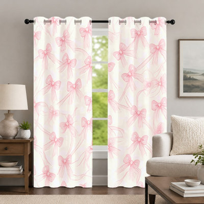 2Pcs Bowknot Pattern Curtains, Cute Ribbon Style Curtain, Sweet Aesthetic Watercolor Print Grommet Drapes, Window Treatment for Bedroom Living Room Decor