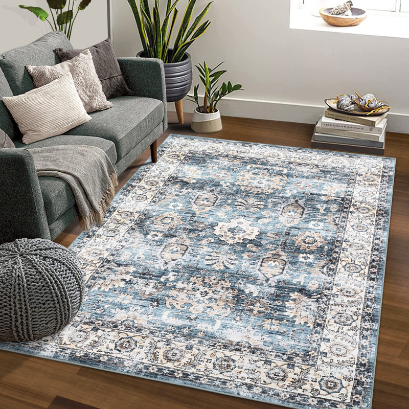 Bohemia Traditional Retro Floral Printed Distressed Rug Machine Washable Low Pile Soft Area Rug for Bedroom Non Slip Stain Resistant Erasable Durable Living Room Rug Hallway Rug Indoor Decor Floor Mat