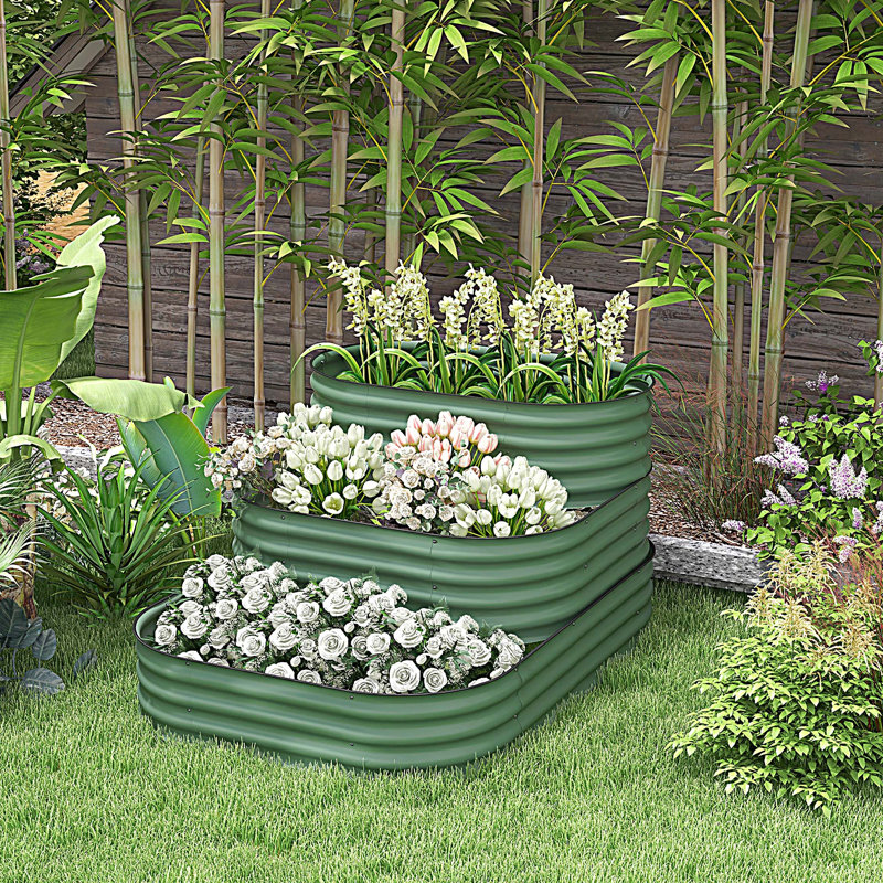 3-Tier Galvanized Steel Raised Garden Bed Kit, 62.25" x 43" x 32.25", 3 Combining Planter Boxes with Rubber Strip Edging, Open Bottom for Backyard, Garden, Patio