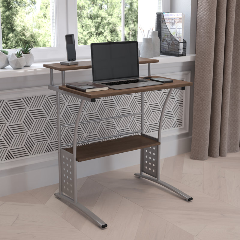 Computer Desk with Top and Lower Storage Shelves, Rustic Walnut