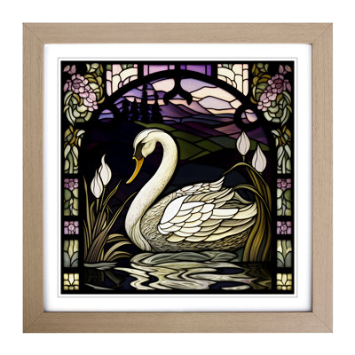 Swan Stained Glass Effect - Single Picture Frame Print on Wood