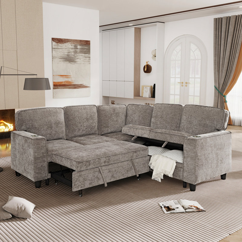 Canapé en L avec lit escamotable et rangement modulaire 5 places avec chargement USB, Marron clair