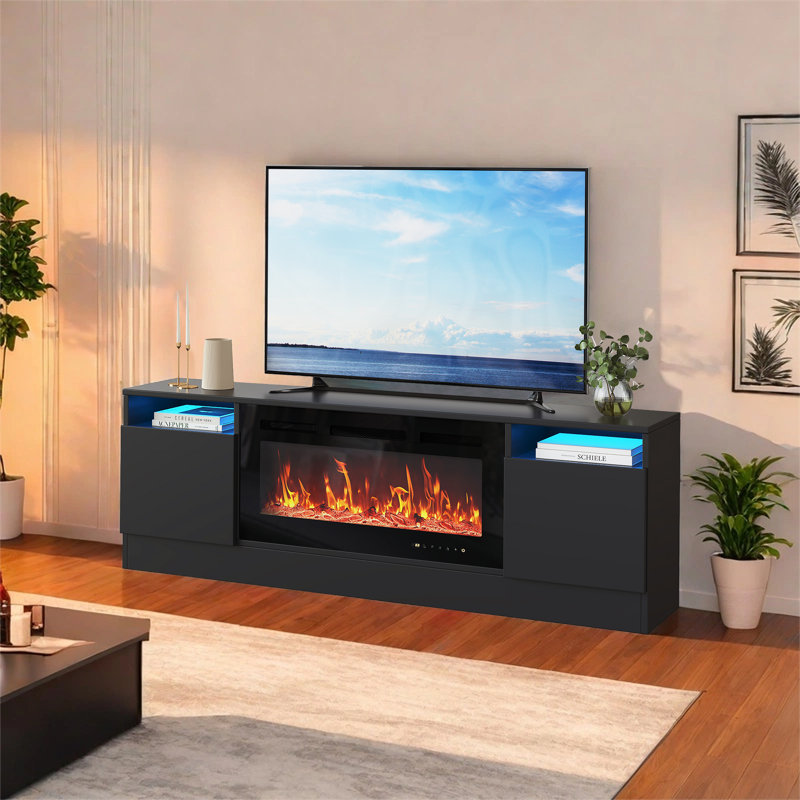 70" TV Stand with Storage Cabinets, Modern Wooden Entertainment Center, Black