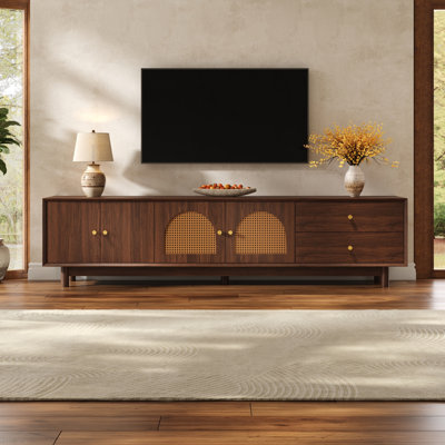 78" Rattan TV Stand for 85 Inch TVs, Wood-Grain Finish Entertainment Center with Storage Cabinets and Drawers, Mid-Century Modern Media Console with M