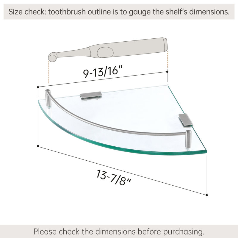 2 Pack Floating Glass Corner Shelf For Bathroom Tempered Glass With Rail Wall Mounted, Brushed Nickel
