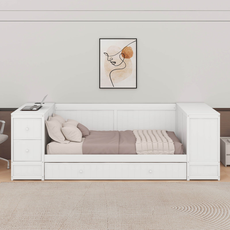 Lit de jour simple avec couchette, accoudoirs de rangement et station de charge, Blanc