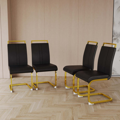 Chaises de salle à manger modernes, chaise d'appoint rembourrée en similicuir à dossier haut en polyuréthane avec tube en forme de C, pieds en métal plaqué (ensemble de 4) (PU)