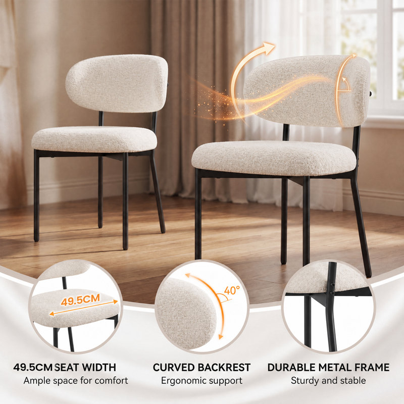Modern Upholstered Dining Chair, Metal Legs, 2P, Beige Boucle