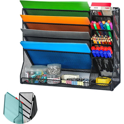 Organisateur de dossiers à fixation murale en métal durable à 4 niveaux réglable vertical avec 4 fentes pour stylo stable en forme de R 4 tiroirs coulissants pour trier les dossiers, le courrier, les journaux, les stylos, convient au bureau