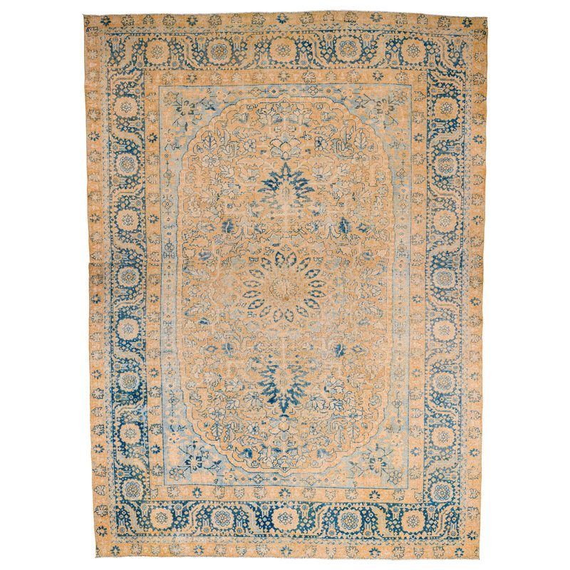 Tapis beige / bleu unique de 8 pi 11 po x 12 pi années 1990