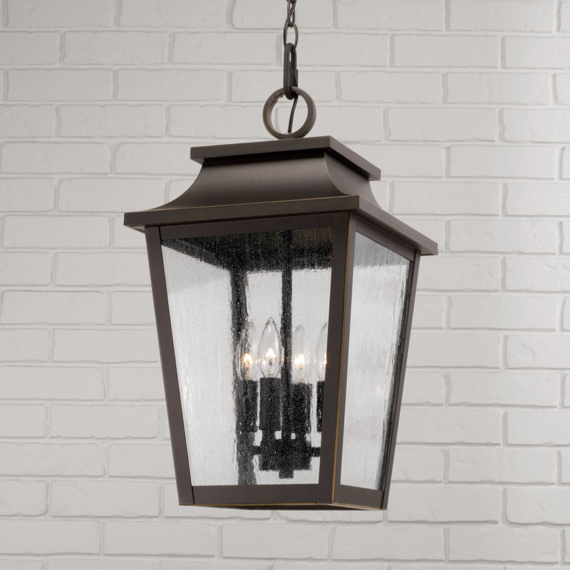 12"W x 21"H 4-Light Outdoor Tapered Hanging Lantern with Ripple Glass, Oiled Bronze