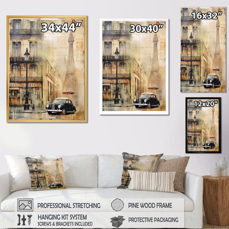 Paris Chronicles, collage rétro sur toile, H 44 po x l 34 po x P 1,5 po, Cadre flottant blanc
