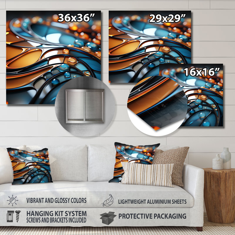 Or et émeraude fractale vague II - impression d'art mural en métal fractal, H 29 po x l 29 po