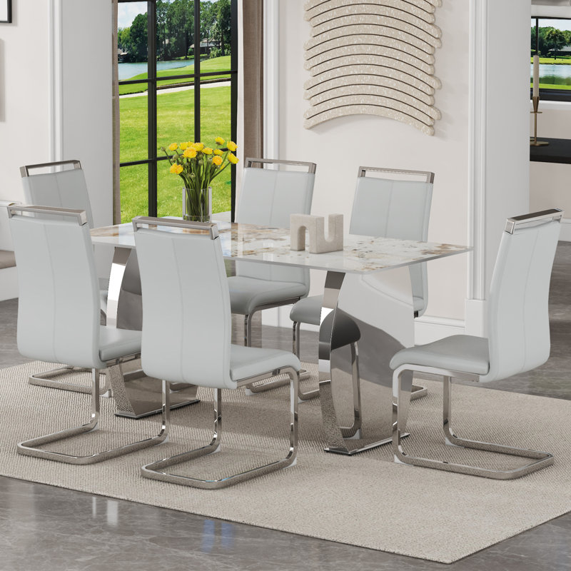 Table And Chair Set.63*31.4 Inch Pandora Patterned Sintered Stone Dining Table Set - 6 PU Chairs With Silver Metal Legs.Modern Luxury