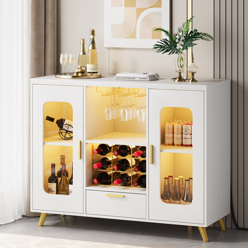 Modern White Bar Cabinet with LED Light, Wine Storage Cabinet with Glass Holder, Built-In Power Outlet & USB Ports, Acrylic Door Display, 39.37" Home Coffee Bar Sideboard