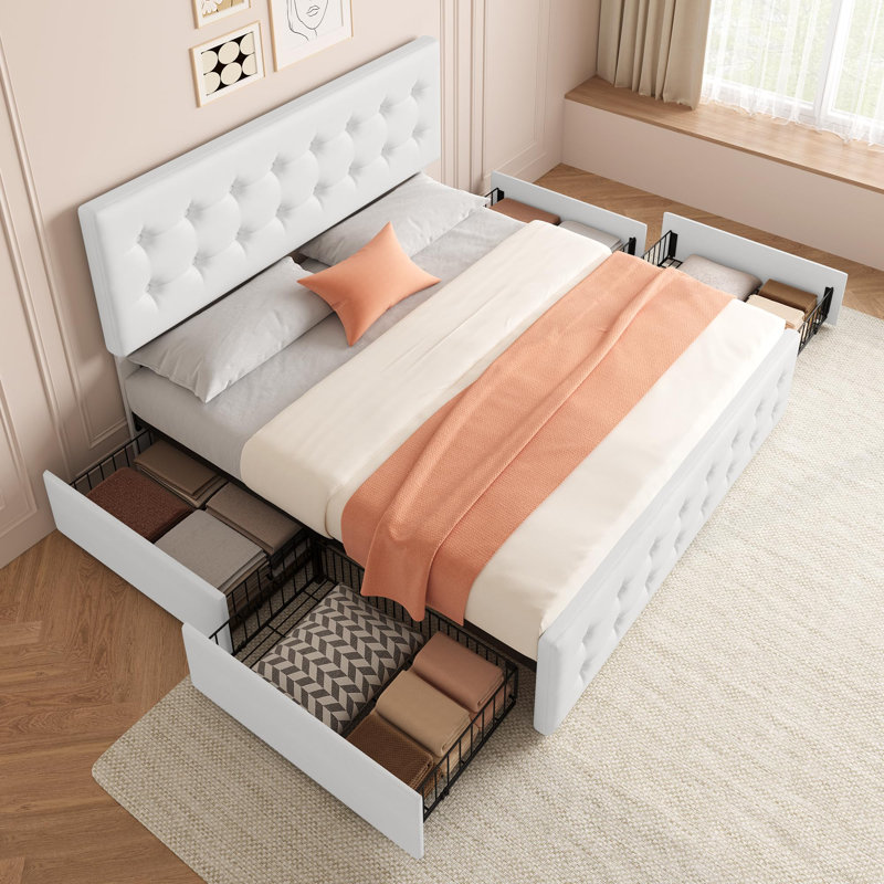 Très grande base de lit avec 4 tiroirs et tête de lit tapissier réglable en lin, capitonnée, aucun sommier nécessaire, Blanc