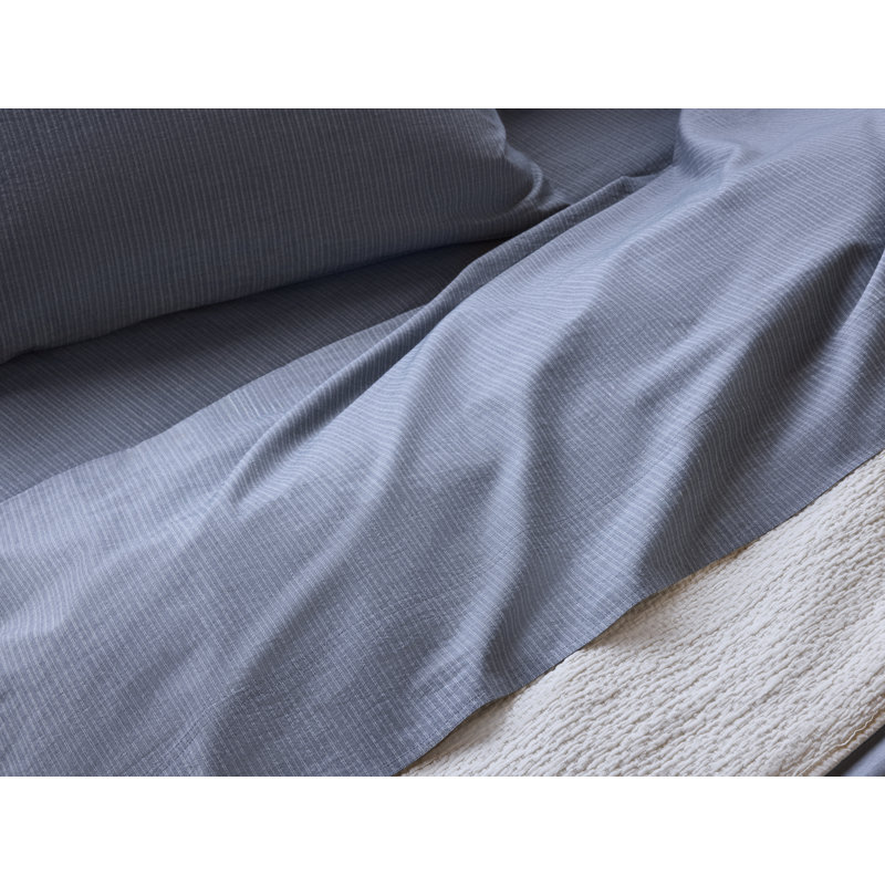 Organic Crinkled Percale™ 100% Cotton Sheet Set, Full Sheet Set with 2 Pillowcases, Indigo Chambray Stripe