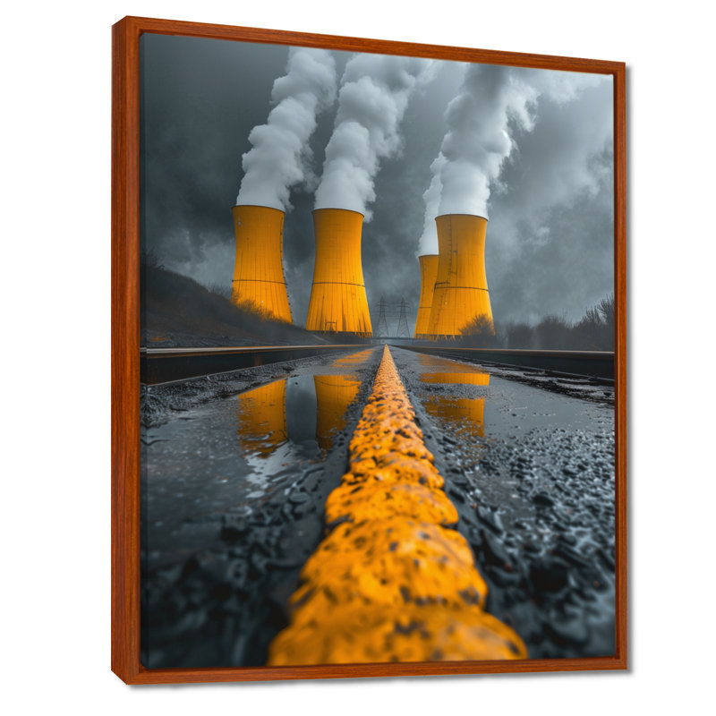 Jaune Eclipse électrique jaune I Power Plant - Power Plants Wall Art Living Room, Cadre flottant brun, H 16 po x l 32 po