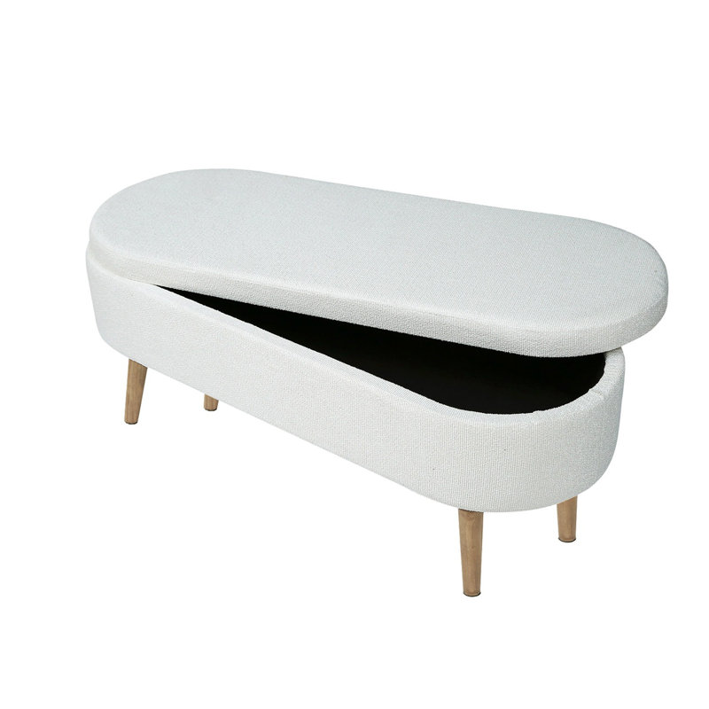 110cm Boucle White Storage Bench for Bedroom, Accent Storage End of Bed Bench with Wooden Legs