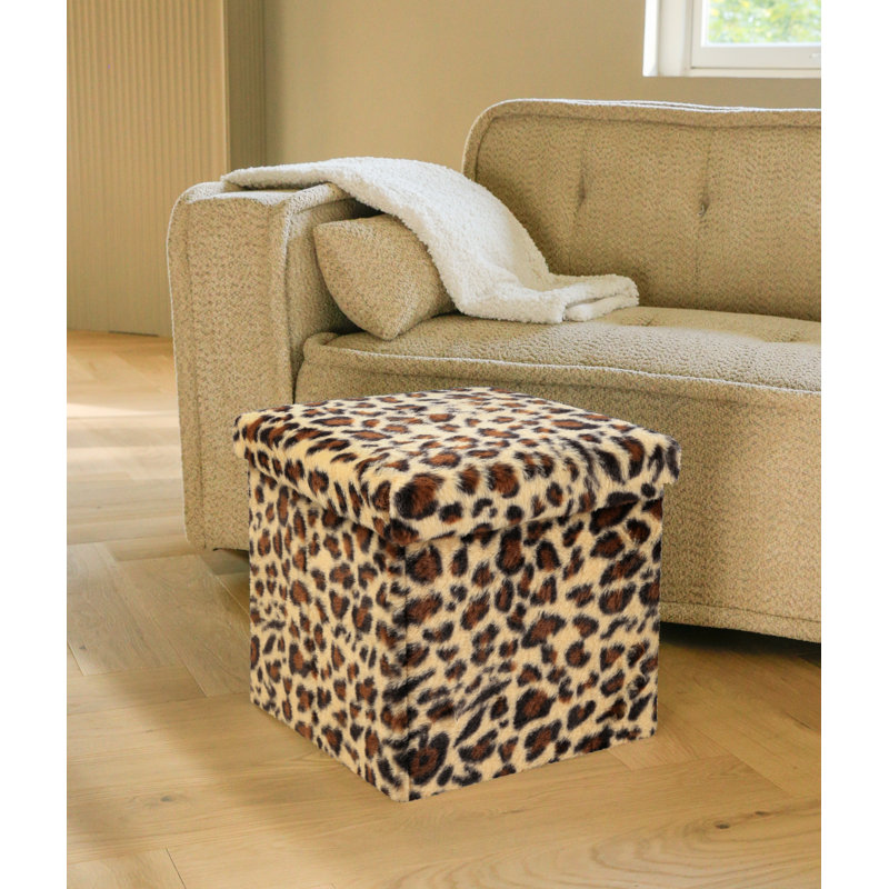 Repose-pieds avec rangement en fausse fourrure Go-Poufs | 15 po x 15 po x 15 po, Léopard