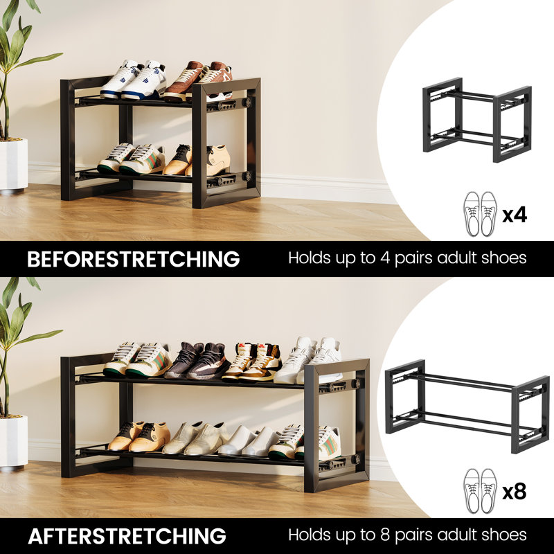 Expandable Shoe Rack, 2 Tier Metal Shoe Shelf, Adjustable Shoe Stand for Sneakers, Boots, Heels, Heavy-Duty Steel Standing Shoe Organizer for Entryway, Closet, Bedroom, Black