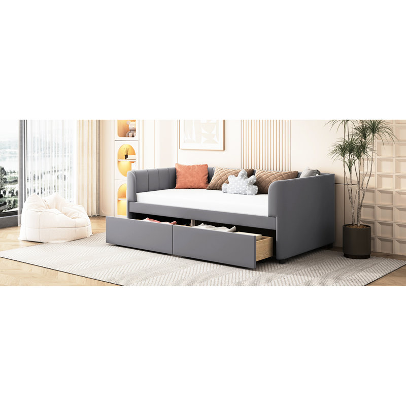 Lit de jour simple avec 2 tiroirs et support dorsal ergonomique - Tête de lit à rayures classique pour un essai pratique de chambre à coucher