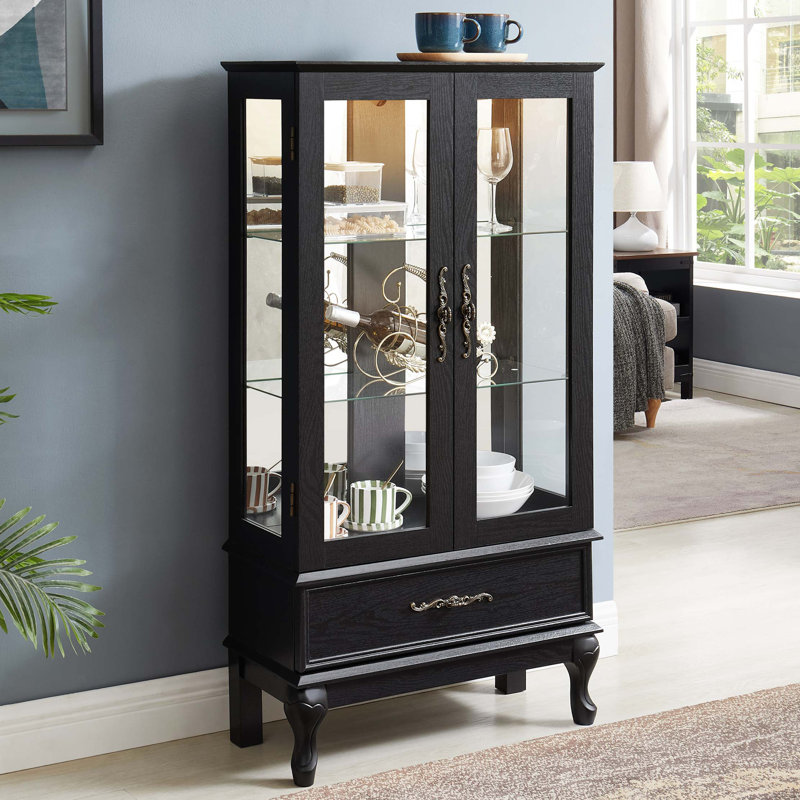 Lighted Curio Cabinet with Glass Doors and Adjustable Shelves 2 Door Wine Cabinet Display Curio Cabinet with LED Lights Light Finish and Drawer