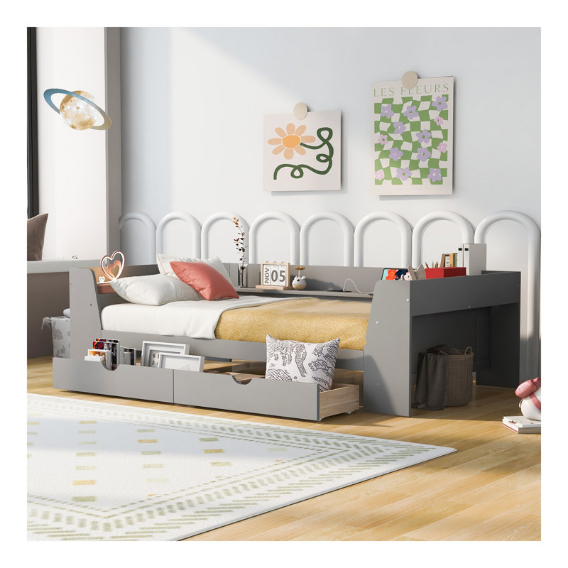 Lit de jour simple avec tablettes, tiroirs et station de charge intégrée, gris