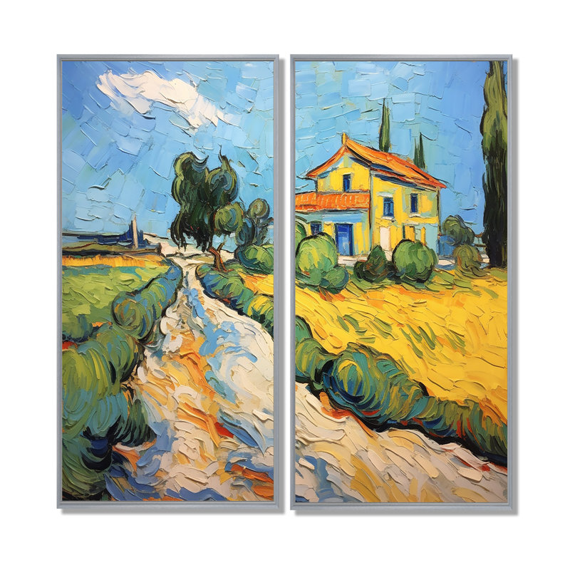 Vangogh la maison jaune à Arles III - art mural sur toile jaune 2 panneaux, 40" H x 40" W, Floater Framed Print, Silver