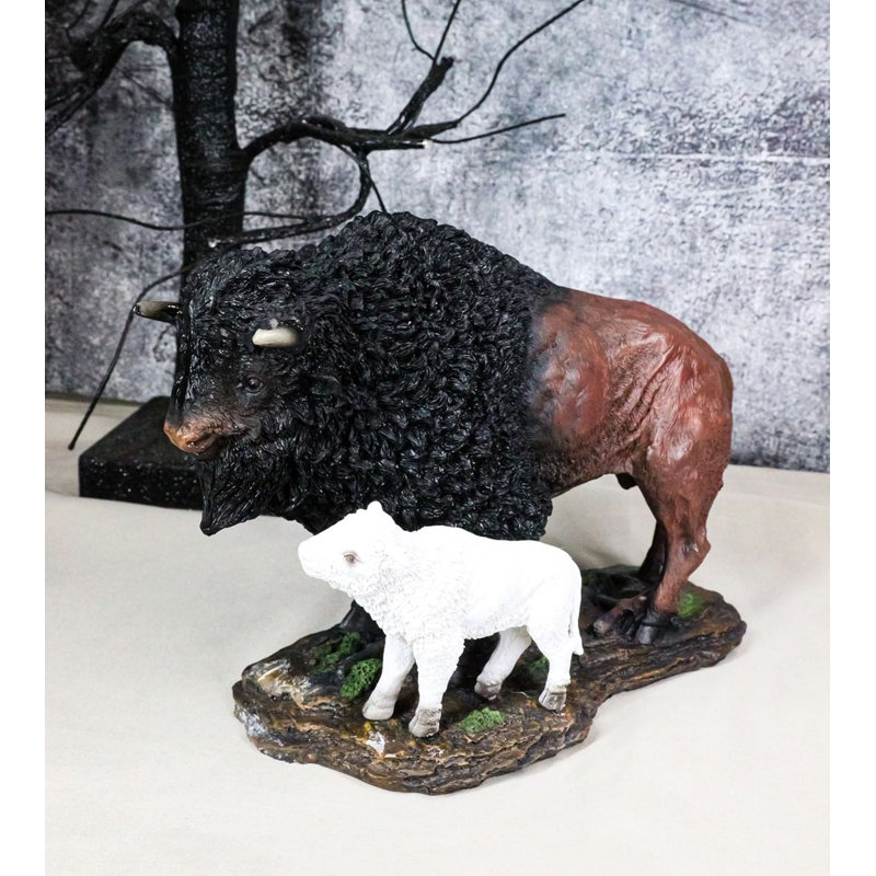 Figurine décorative de père bison amérindien avec veau blanc L 8,5 po