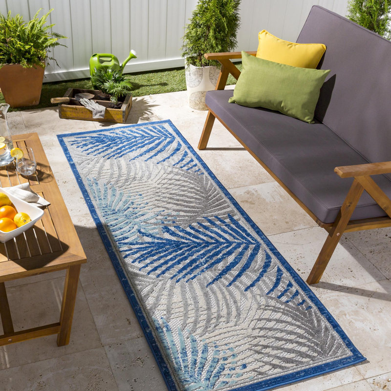 Tapis d'intérieur / extérieur bleu foncé / turquoise à motif floral Cedas, Tapis de couloir 2 pi 3 po x 7 pi 3 po