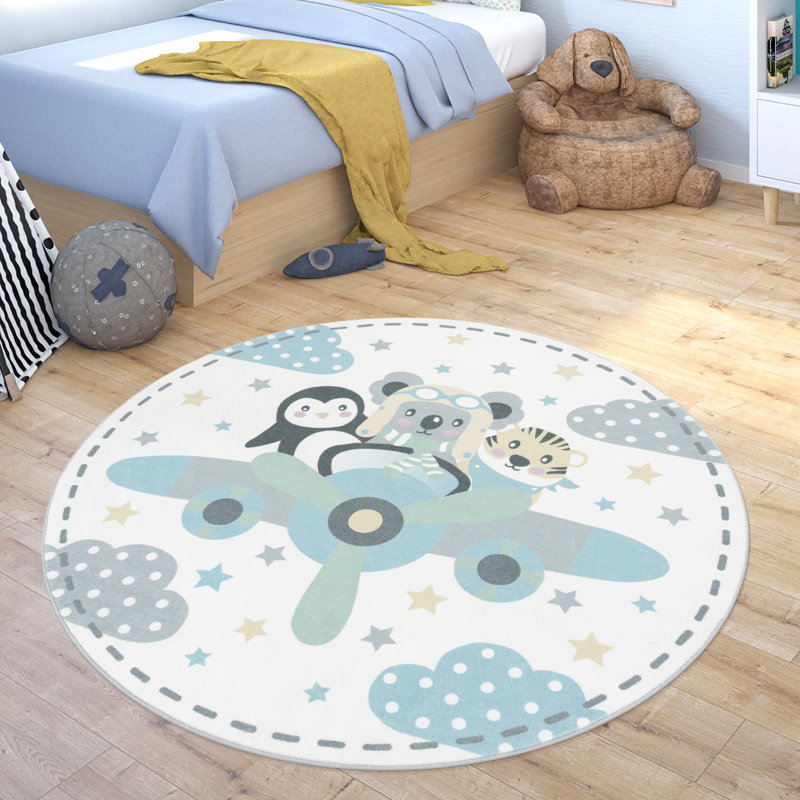 Bianchi Kids Airplane Animals Tiger Koala Bear Penguin Power Loom Cream/Blue/Black Rug, Round 120cm