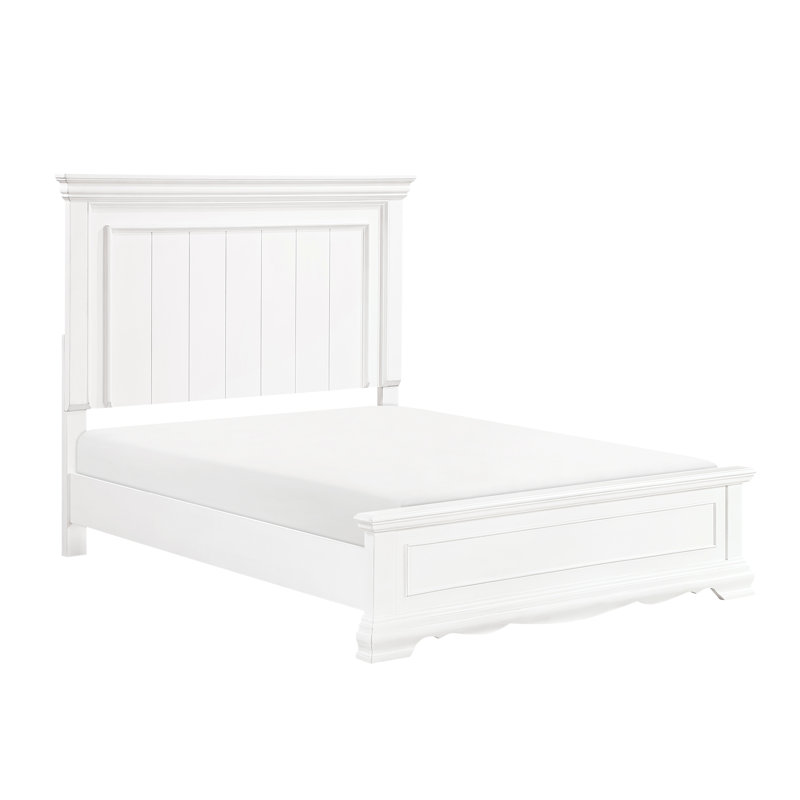 Cadre de grand lit à finition blanche, style élégant, détails de panneau, tête de lit, pour chambre à coucher, sommier classique nécessaire