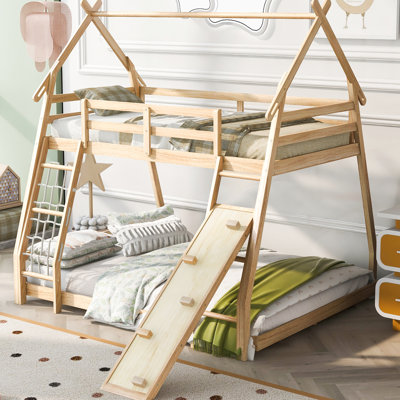Playful Twin Over Queen Bunk Bed With Climbing Nets And Ramp - Fun Space Stylish & Functional