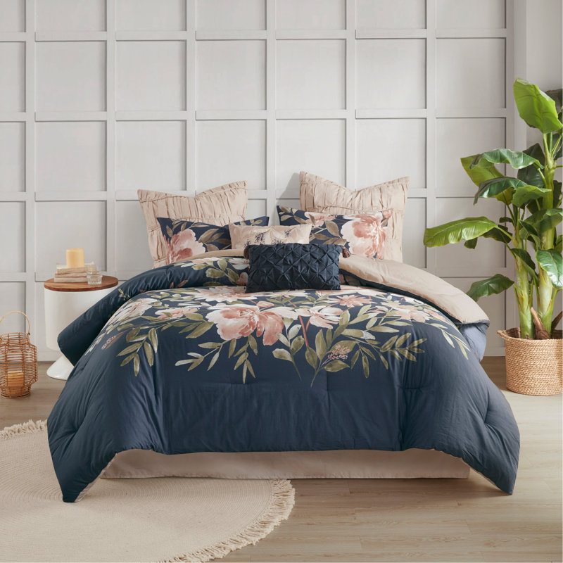 Ensemble d'édredon en coton 8 pièces pour grand lit bleu marine, Édredon grand + 7 articles supplémentaires