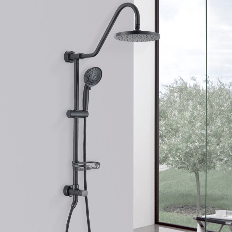 Wall Mounted Shower Assembly With 8" Rain Head And 5 Handheld In Bronze Tint Stainless Steel Dual Setup Oil-Rubbed Glance