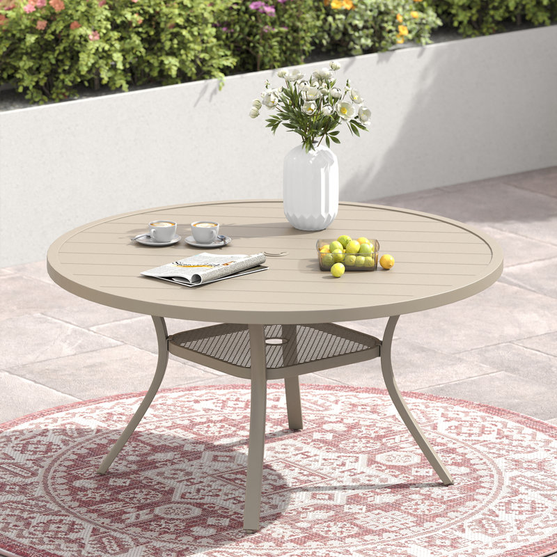 Teressa Round Metal Outdoor Dining Table With Umbrella Hole , 53'' in. W 53'' in. D, Brush Wood Brown/Black