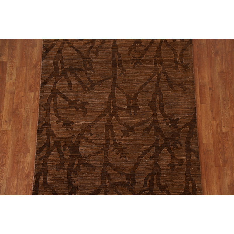 Abstract Hand-Knotted Rectangle 4'6" x 5'11" Wool Area Rug in Walnut/Black