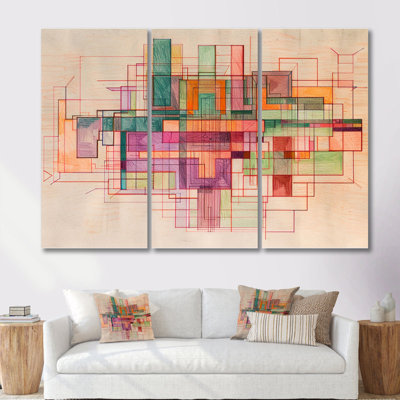 Vintage rétro qui se chevauchent I - ensemble d'art mural géométrique, Toile tendue, H 40 po x l 60 po x P 1 po