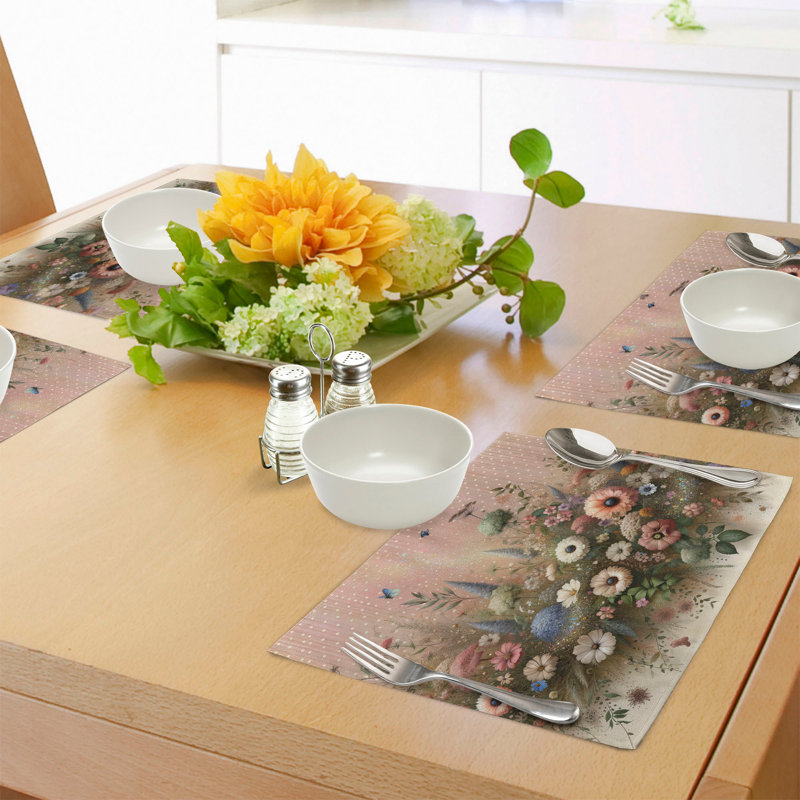 Rose and Olive Green Floral Polyester Rectangle Placemats Set of 4