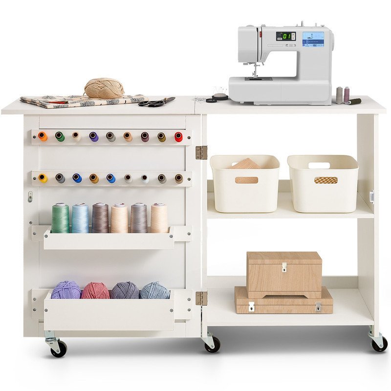 Table de couture pliante blanche avec roues verrouillables, tablettes de rangement, plateaux et porte