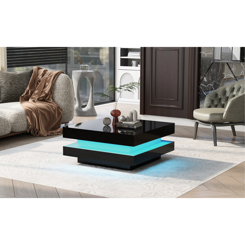 Design minimaliste ultrabrillant avec lumières DEL, table basse carrée à 2 niveaux, table centrale pour le salon, Noir