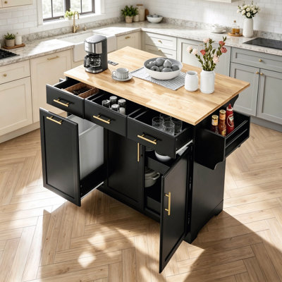 Îlot de cuisine de 120 cm (47,2 pouces) avec rangement, 2 tiroirs coulissants, en bois d'hévéa, plateau rabattable, rangement pour poubelle, prise électrique, porte-épices et porte-serviettes, noir.