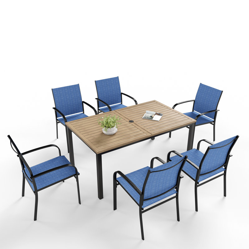 6 - Person Metal Patio Dining Set With Rectangular Table, Blue