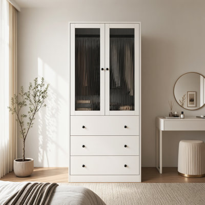 20" D Armoire Wardrobe Closet With Fluted Glass, 71" H Clothing Storage Cabinet With Hanging Rod And Soft-Close Doors