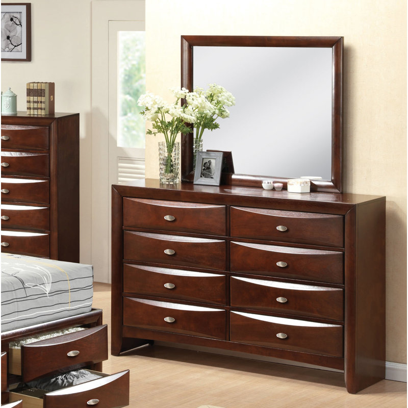 Ensemble de chambre à coucher moderne 6 pièces comprenant une base de lit, une commode, une commode, un miroir et 2 tables de chevet