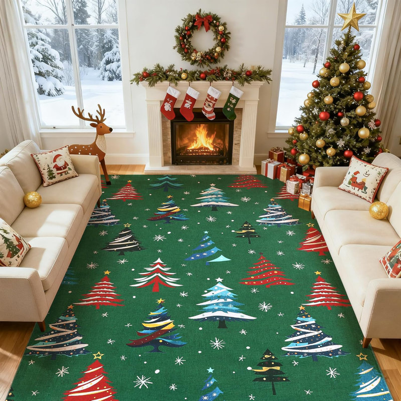 Christmas Tree Non-Slip Washable Low Pile Area Rug, Holiday Decor Living Room Rug, Rectangle 9' x 12'
